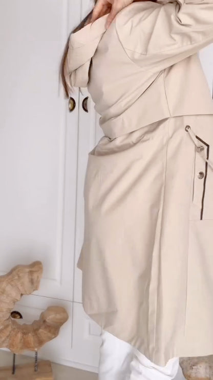 Khaki Hooded Waist-Tied Trench Coat