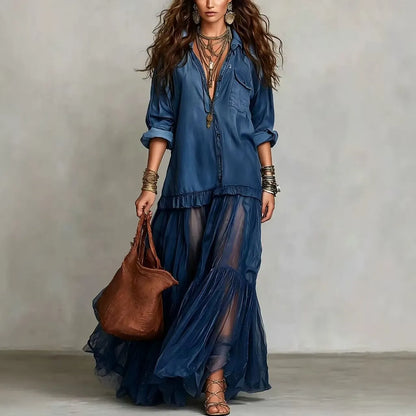 Blue Faux Denim Shirt Collar With Sheer Pockets Maxi Dress