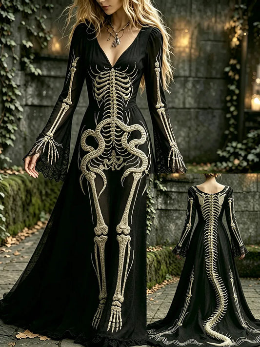 Women's Retro Human Anatomy And Snake Halloween Pattern Dress