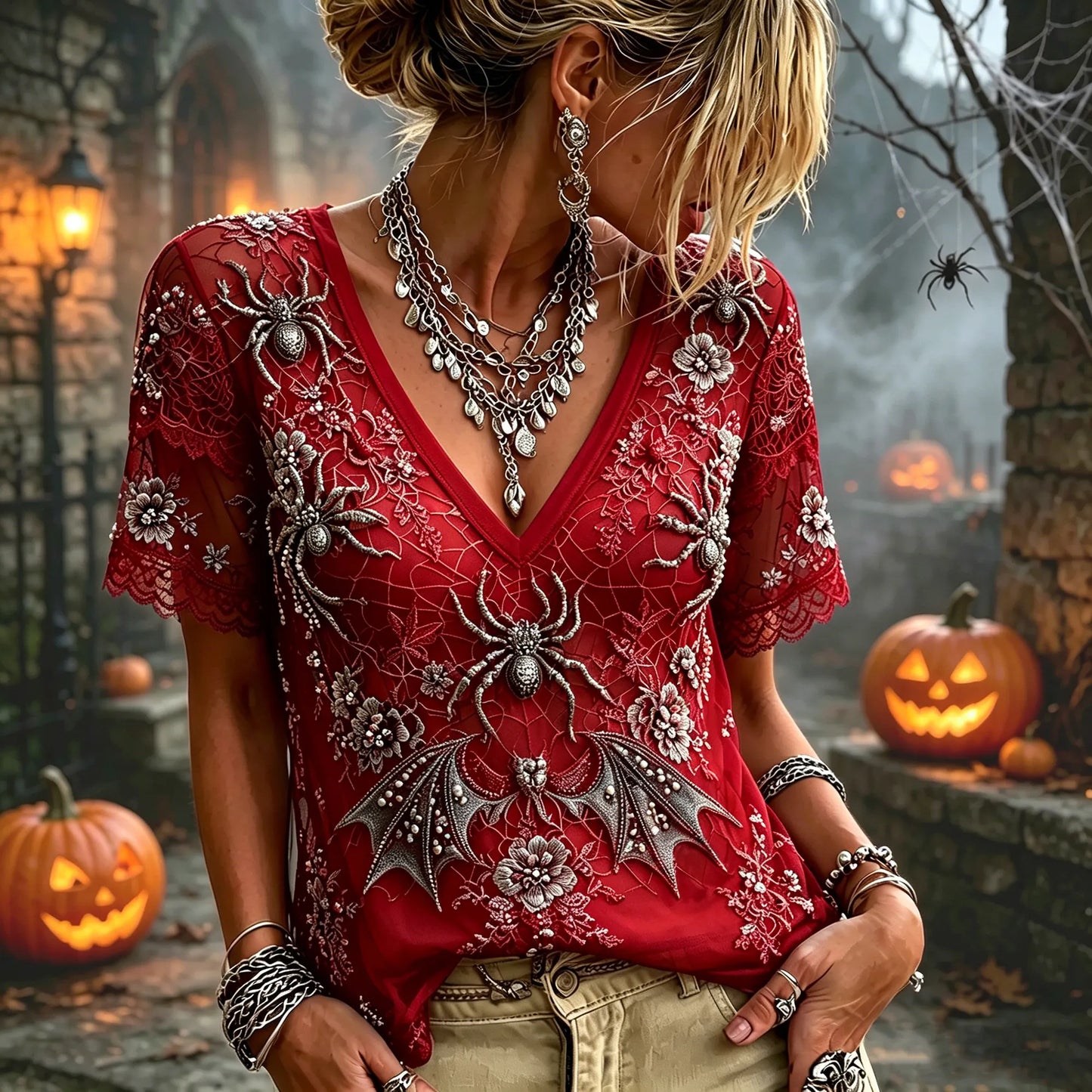Women 3d Silver Spider Bat Floral Lace Mesh V Neck Short Sleeve Gothic Witch Halloween Top