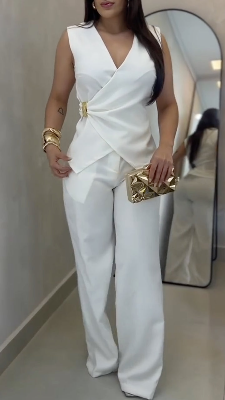 Sleeveless Wrap Front Top and Wide Leg Pants Setet