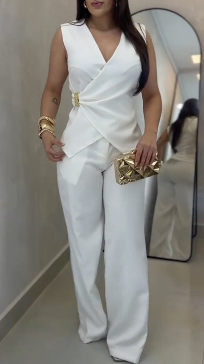 Sleeveless Wrap Front Top and Wide Leg Pants Setet