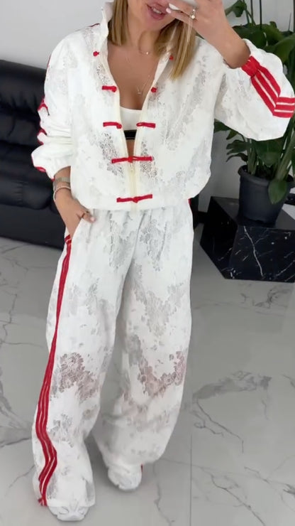Frog-Button & Lace-Trimmed Striped Track Jacket + Wide-Leg Pants Set