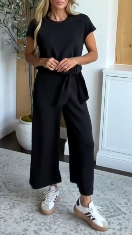 Short Sleeve Tie Waist Cropped Wide Leg Jumpsuit