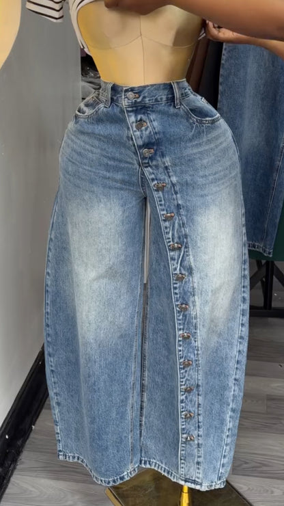 Button Front Wide Leg Denim Pants