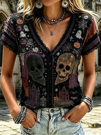 Women's Halloween Skull And Spider Art Distressed Patchwork V-neck Short Sleeve Top