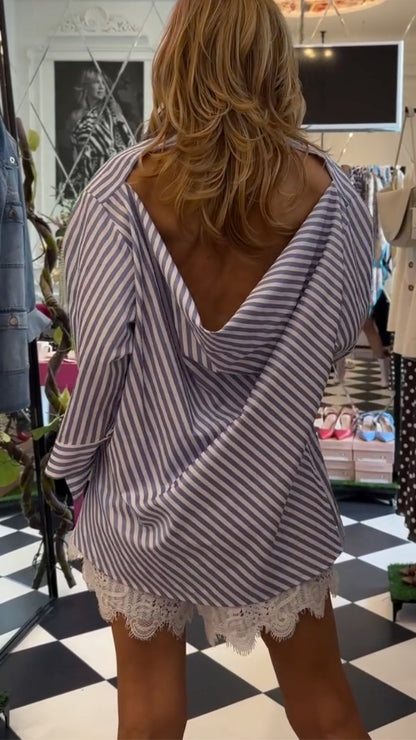 Blue White Stripe Lace Trim Shirt & Shorts Co‑Ord