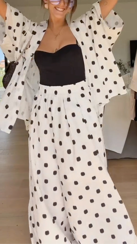 Polka Dot Oversized Blouse & Wide Leg Pants Set