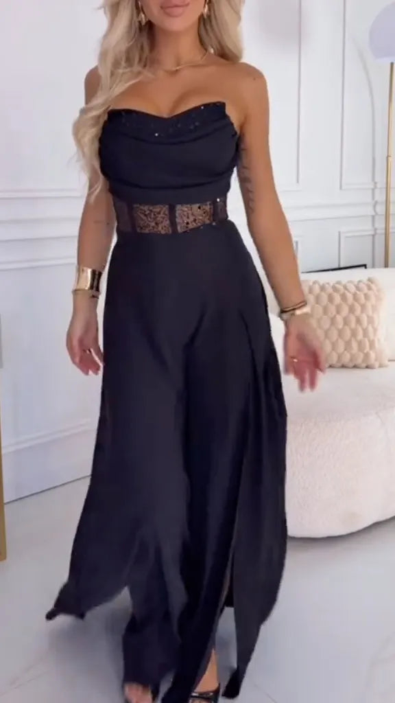 Black Strapless Lace Maxi Dresss