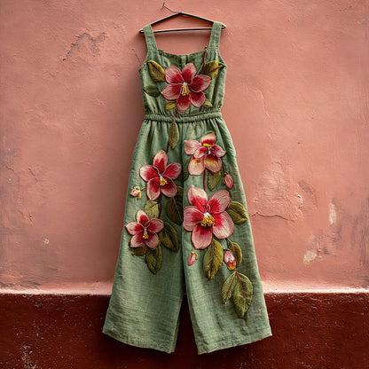 Women's Vintage Hibiscus Print Casual Linen-blend Jumpsuit