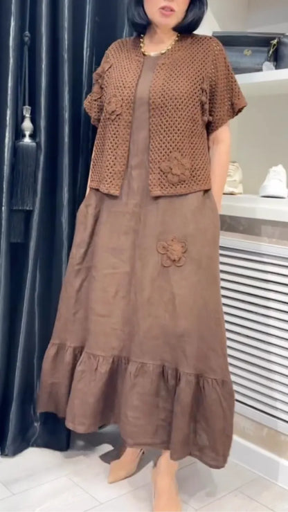 Brown Linen Maxi Dress & Crochet Cardigan Set