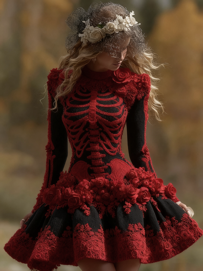 Women's Halloween Skeleton Bones With Rose Art Cozy Knit Mini Sweater Dress