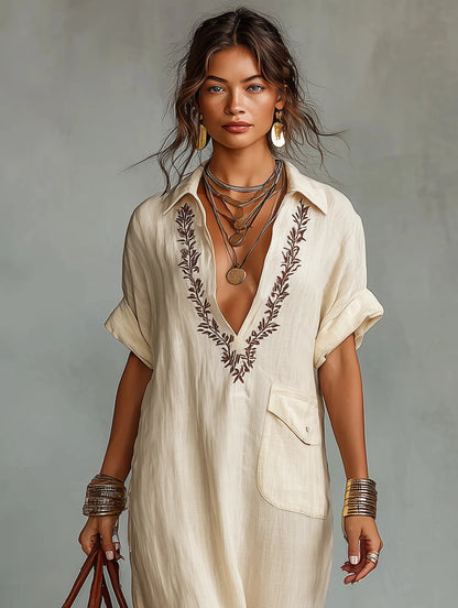 Women's Collared Cotton Linen Printed Casual Long Dress