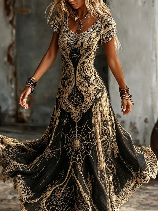 Women's Vintage Spider Web Art V-neck Short Sleeve Casual Maxi Dress