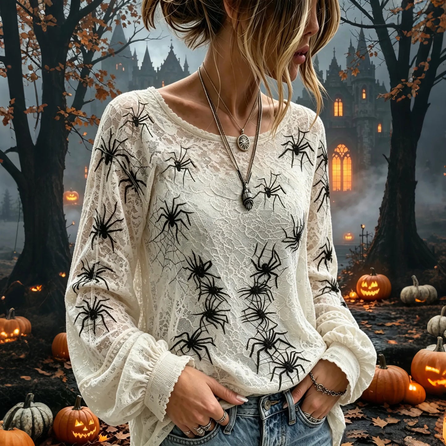 Women's Dark Halloween Spider Lace Design Long-sleeve Cotton Linen T-shirt