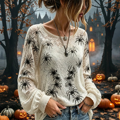 Women's Dark Halloween Spider Lace Design Long-sleeve Cotton Linen T-shirt