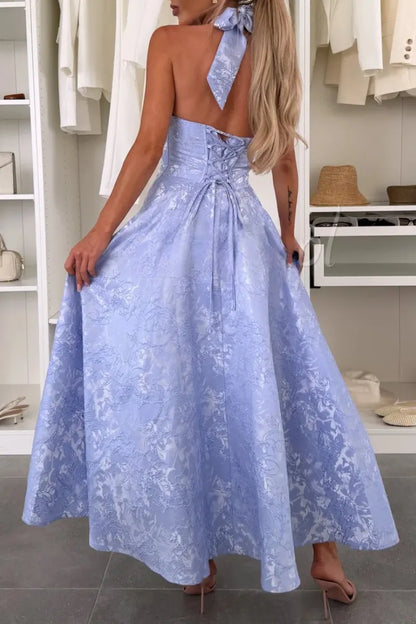 Halter Neck Jacquard Corset Flared Maxi Dress
