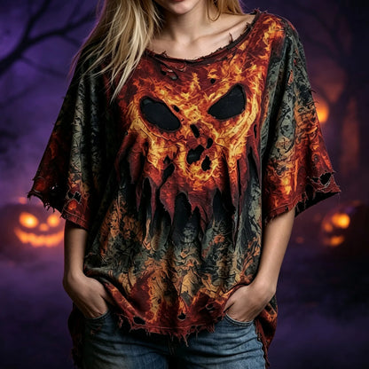 Women's Retro Halloween Style Skull Abstract Print Top