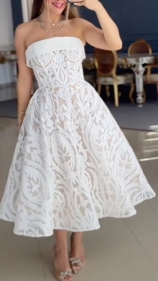 White Strapless Baroque Lace Midi Dress