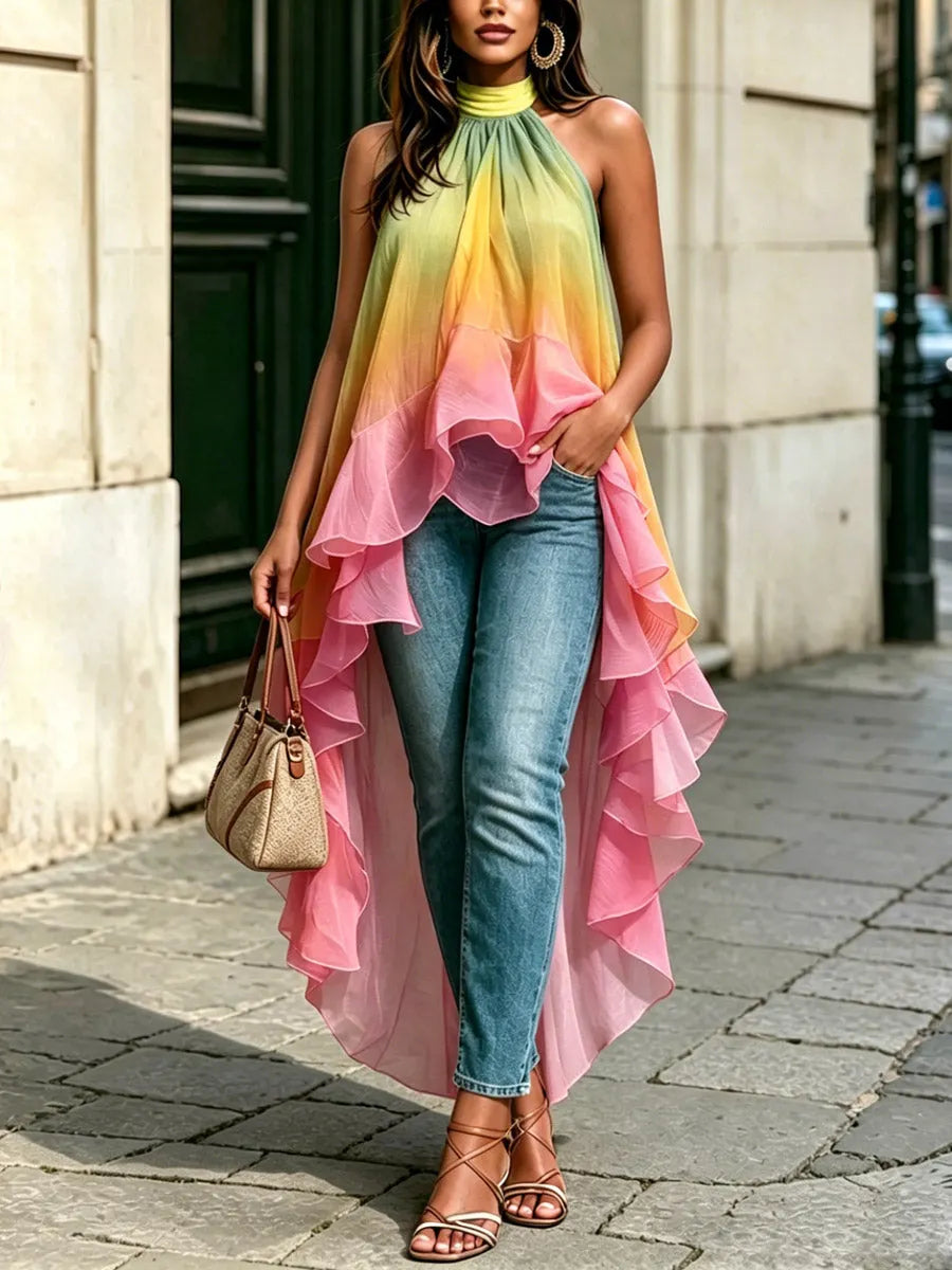 Women's Gradient Color Ruffled Art Casual Stylish Halter Sleeveless Top