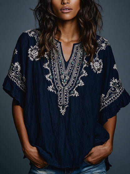 Women's Boho Floral Art Print Flowy Linen Blend Casual Short Sleeve Tops