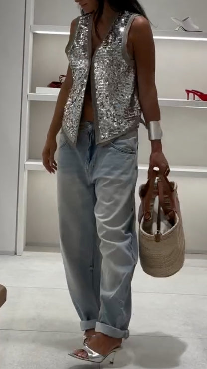 Silver Sequin Vest and Denim Outfit