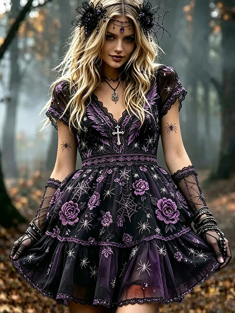 Women's Halloween Spider And Floral Art V-neck Short Sleeve Dress