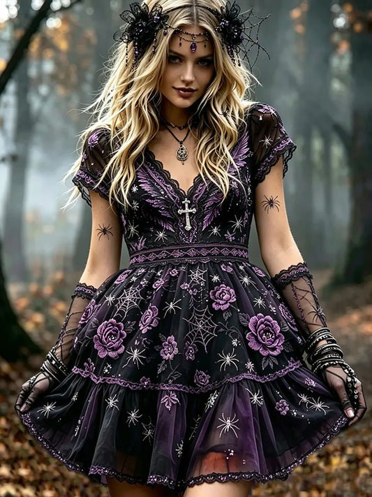 Women's Halloween Spider And Floral Art V-neck Short Sleeve Dress