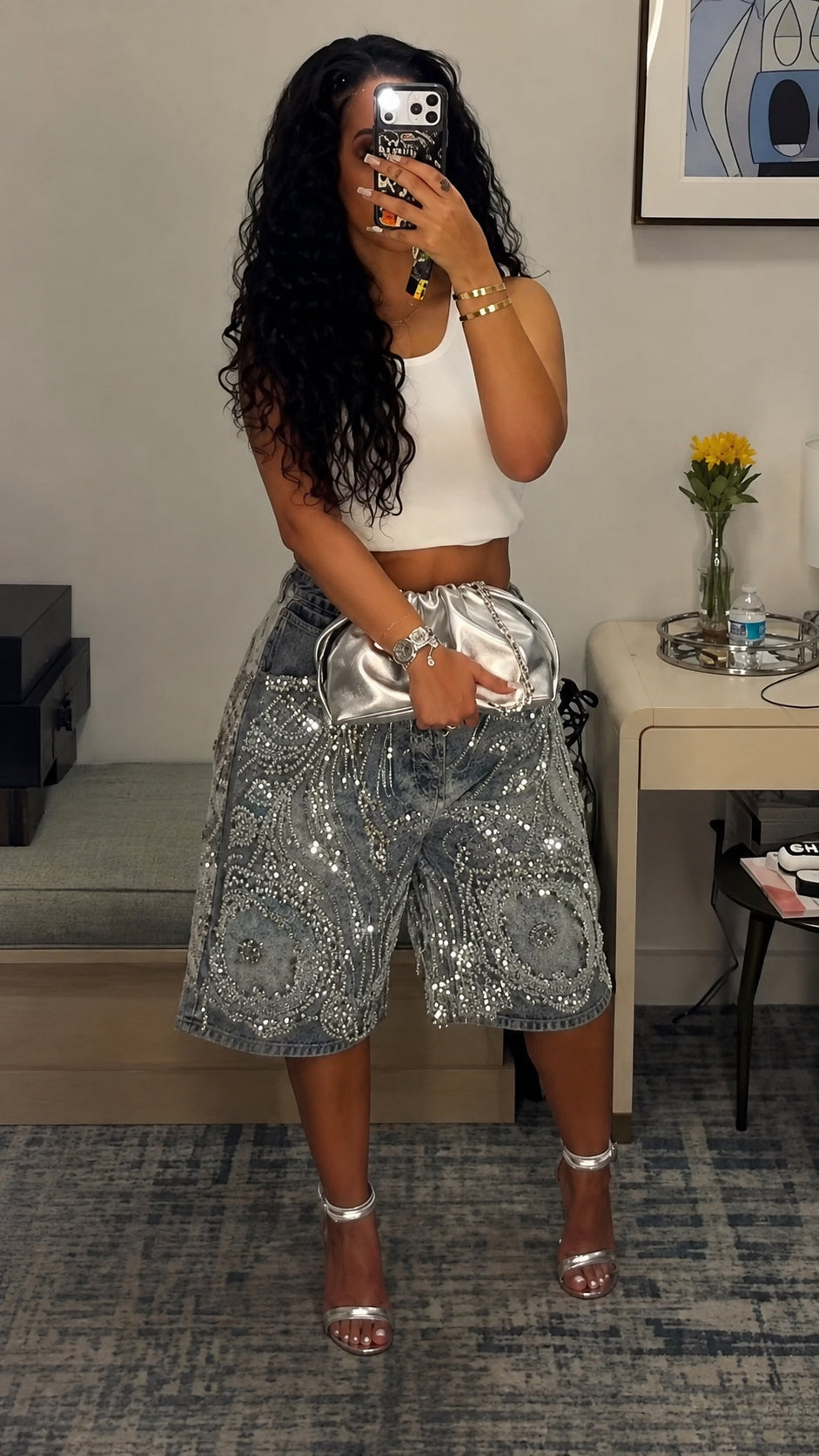 Rhinestone Embellished Denim Jort Shorts