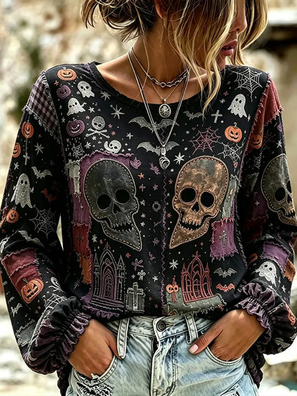 Women's Halloween Skull And Spider Art Distressed Patchwork Crewneck Long Sleeve Top