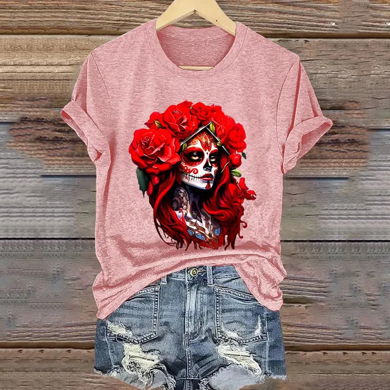 Mexican La Catrina Day Of The Dead Art Pattern Print Cotton Graphic T-Shirt