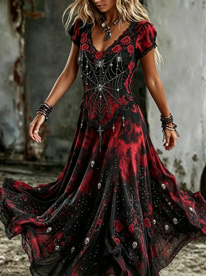 Women's Retro Gothic Spider Skull Floral Gradient Pattern Print Short-sleeve Mixi Dress
