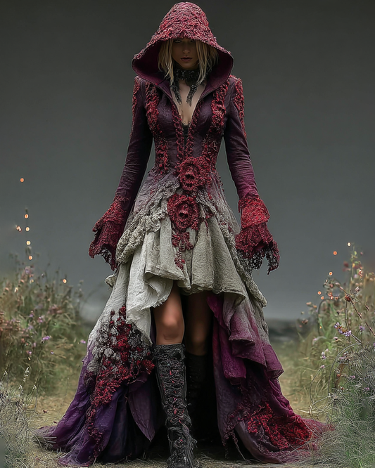 Halloween Theme Irregular Gradient 3D Embroidered Lace Patchwork Hooded Dress c556