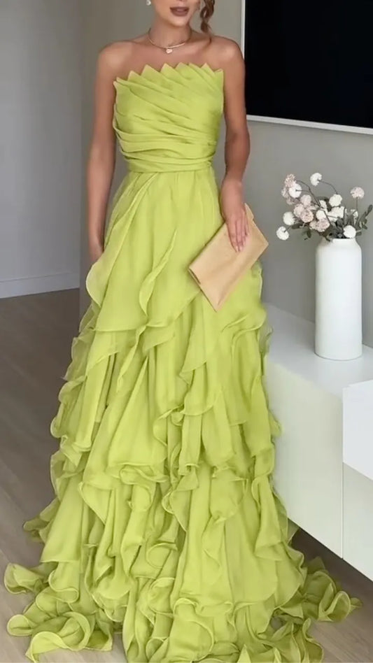 Strapless Ruched Ruffle Tiered Maxi Gown