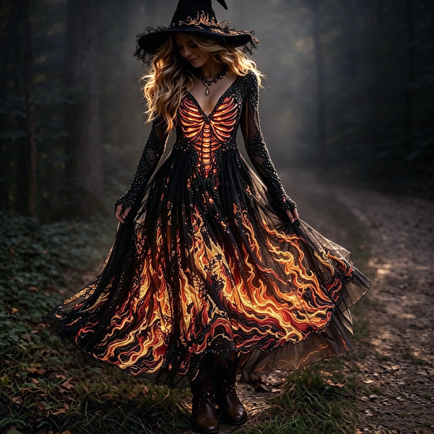 Women's Retro Halloween Style Skull And Flame Print Dress