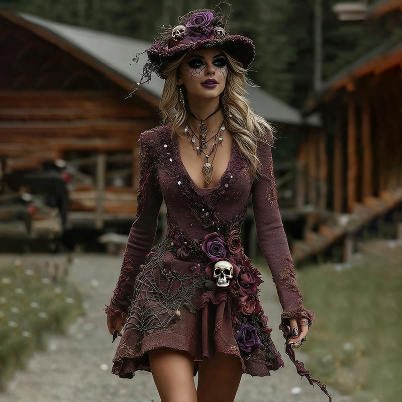 Women's Halloween Rose Skull Spider Web Witch Splicing Midi Dress