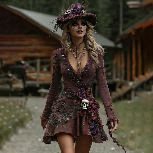 Women's Halloween Rose Skull Spider Web Witch Splicing Midi Dress