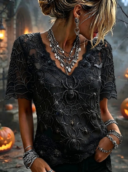 Women's Dark Boho Spiderweb Embroidered Blouse