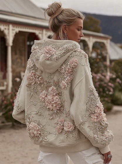 Women's Vintage Rose Pearl Embroidery Comfortable Warm Hoodie