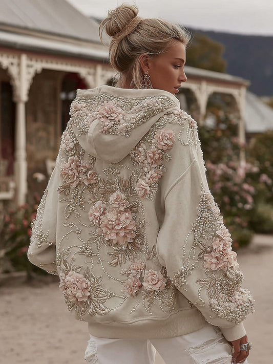 Women's Vintage Rose Pearl Embroidery Comfortable Warm Hoodie