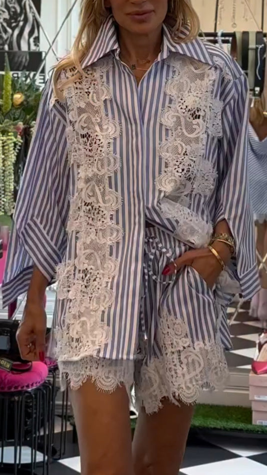 Blue White Stripe Lace Trim Shirt & Shorts Co‑Ord