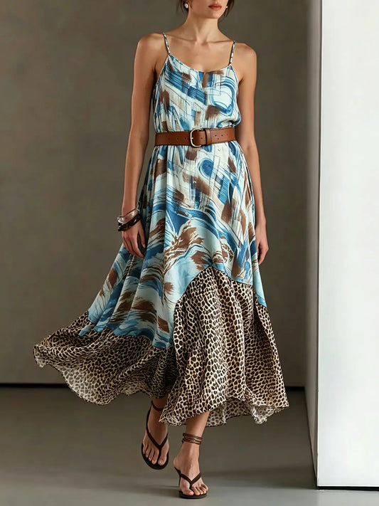 Women's Ink Leopard Print Patchwork Slip Maxi Dress