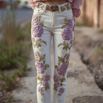 Vintage Purple Roses Embroidered White Skinny Jeans