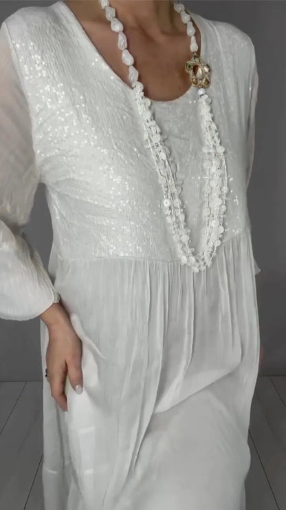 White Sequin Round Neck Chiffon Midi Dress