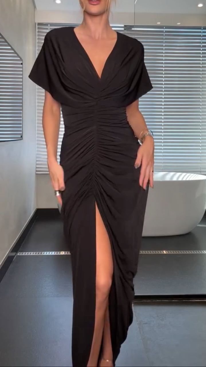 Black Ruched V-Neck Midi Dress