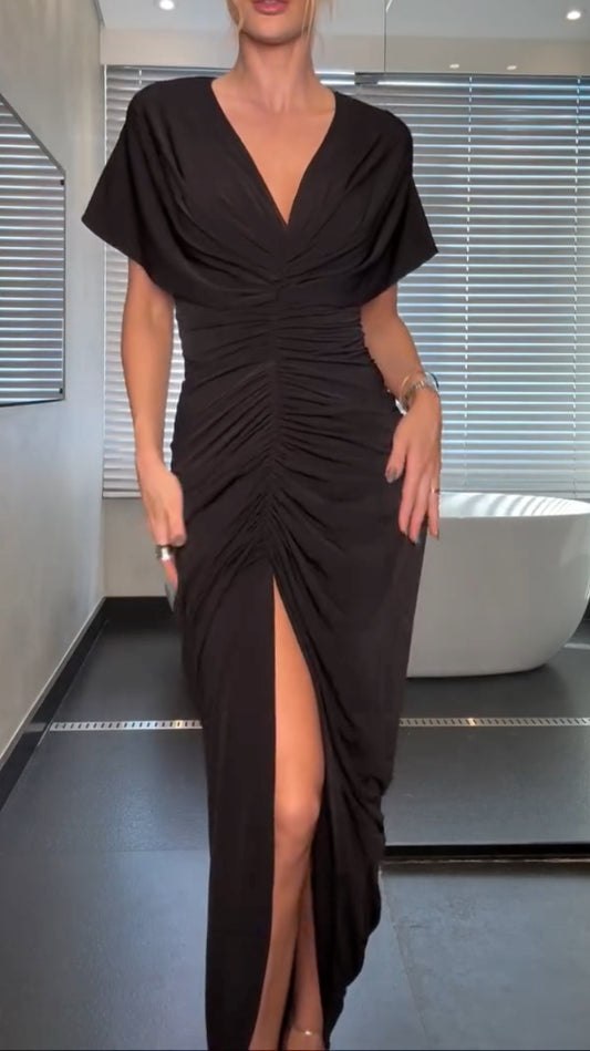 Black Ruched V-Neck Midi Dress