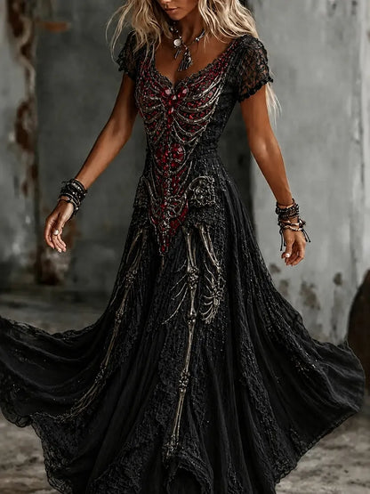 Women's Vintage Skeleton Diamonds Art V-neck Short Sleeve Maxi Dress
