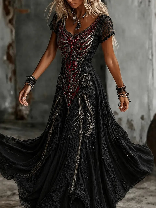 Women's Vintage Skeleton Diamonds Art V-neck Short Sleeve Maxi Dress