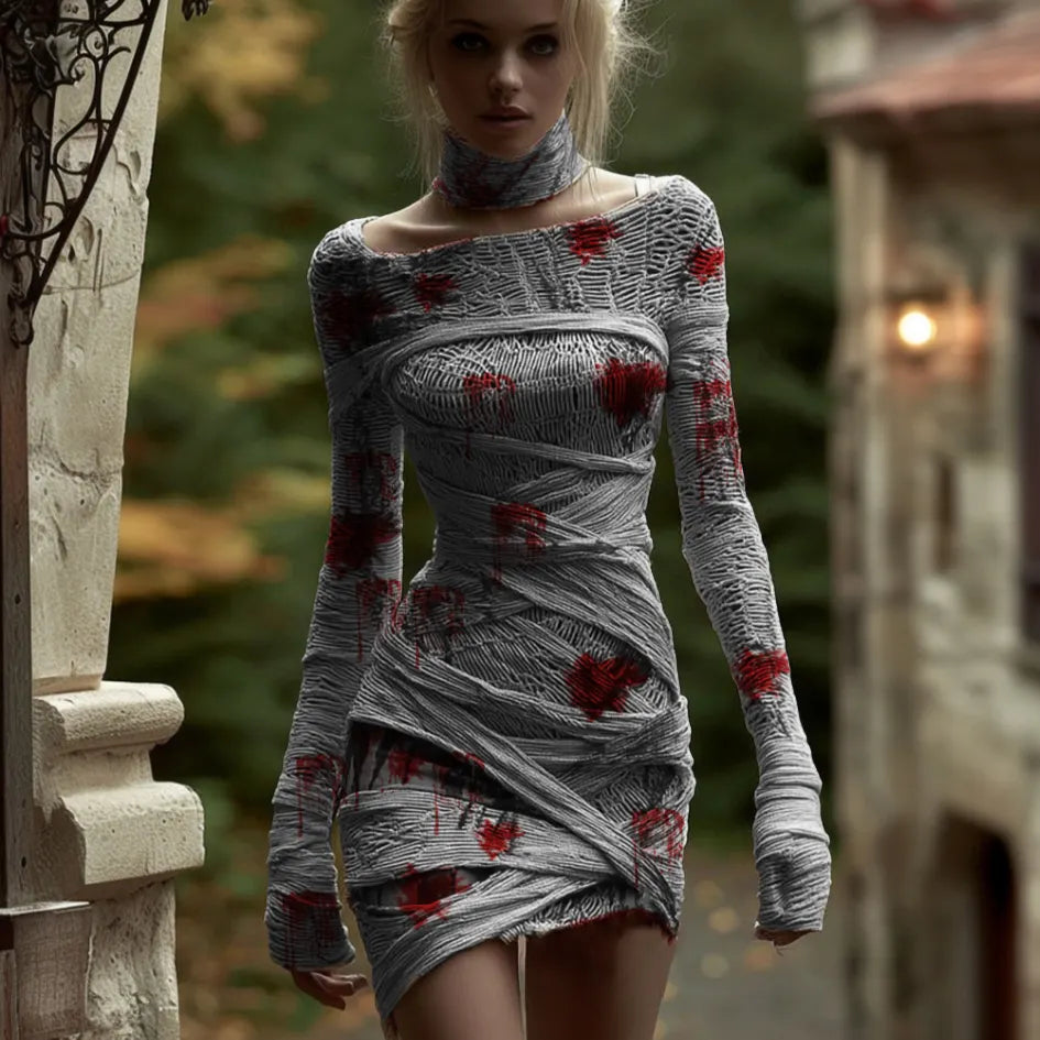 Women's Halloween Line Art Bandage Design Round Neck Knit Sweater Dress