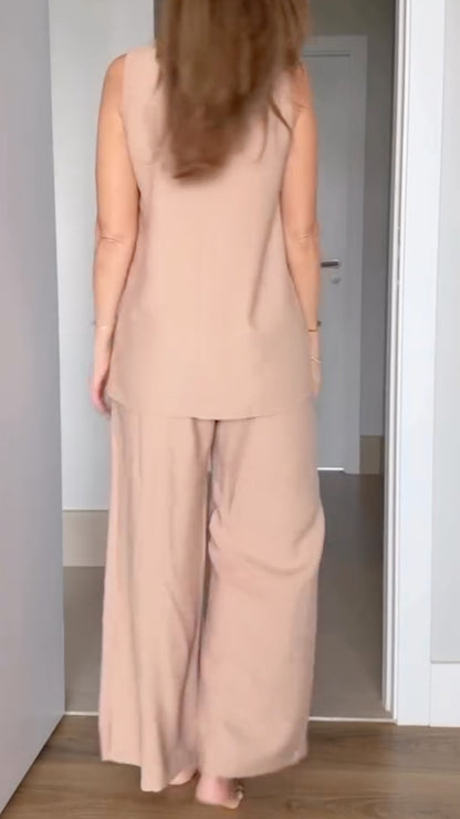 Nude Sleeveless Cutout Top Wide Leg Pants Set